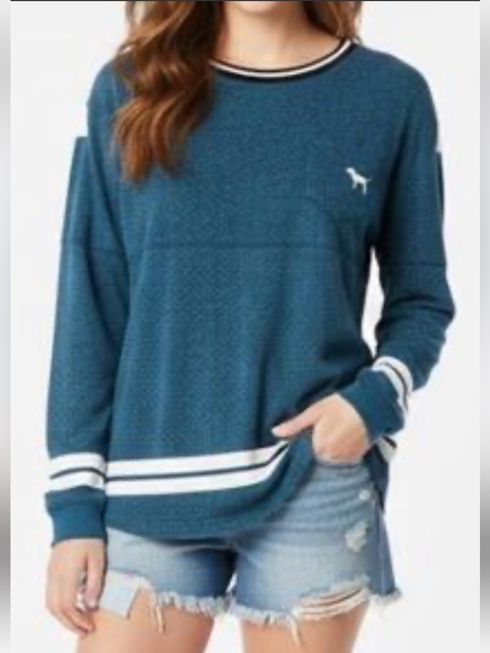 Victorias Secret Pink Teal Marl Varsity Crew Spirit Oversized Jersey Size M-L